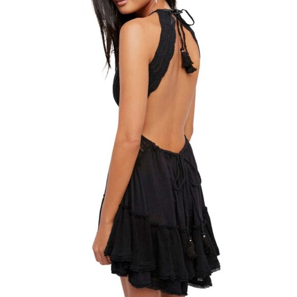 RARE Free People Black Bohemian Crochet Lace Trim Tiered Ruffle Hem Mini Dress - Picture 11 of 15